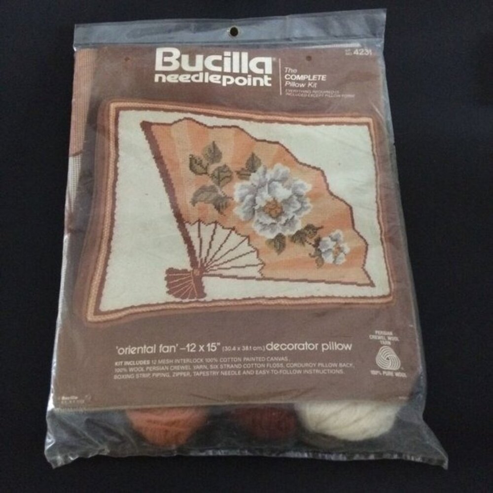 Bucilla 'Oriental Fan' #4231 Needlepoint Pillow Kit Sealed 12x15" Flowers Vtg